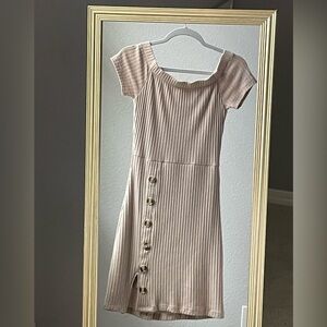 Stylish Beige Ribbed Button-Front Dress with Cap Sleeves